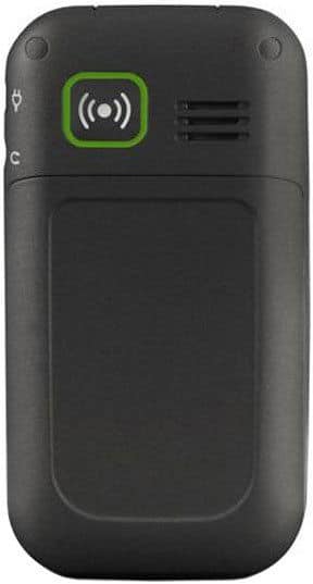 Doro PhoneEasy 409 rear view, black phone with green emergency button and speaker grille