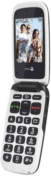 Doro PhoneEasy 612 flip phone open, displaying a photo on screen, with large physical keypad below
