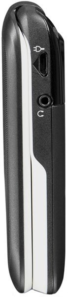Doro PhoneEasy 612 phone, side view, showing curved black and silver clamshell design with physical buttons