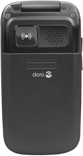 Doro PhoneEasy 612 flip phone, front view, closed with raised antenna and speaker grille visible