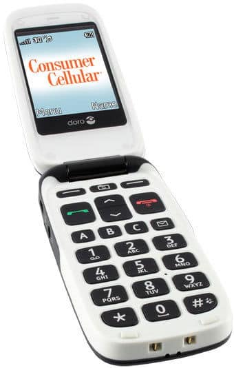 Doro PhoneEasy 618 open flip phone, front view, with "Consumer Cellular" displayed on screen