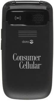 Doro PhoneEasy 618 flip phone, rear view, black with Consumer Cellular branding and wireless charging icon visible