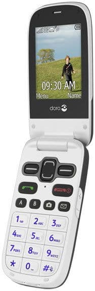 Doro PhoneEasy 620 front view, open clamshell phone with color screen displaying time and photo, large numbered keypad below