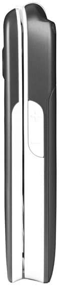 Doro PhoneEasy 620 flip phone shown open from the side, displaying black exterior with white accent stripe and rounded edges
