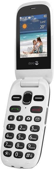Doro PhoneEasy 632 open flip phone showing screen with weather app and large physical buttons below