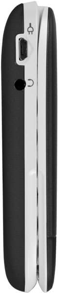 Doro PhoneEasy 632 side view, showing black and white clamshell phone closed with navigation buttons and speaker visible