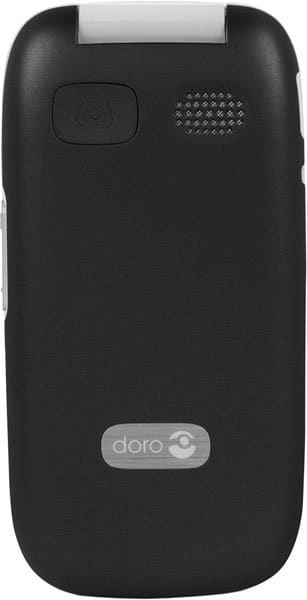 Doro PhoneEasy 632 flip phone, rear view, showing black clamshell design with speaker grille and Doro branding