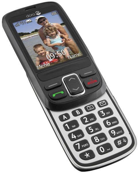 Doro PhoneEasy 715 front view, black and silver phone with color screen displaying a photo and time, numeric keypad below