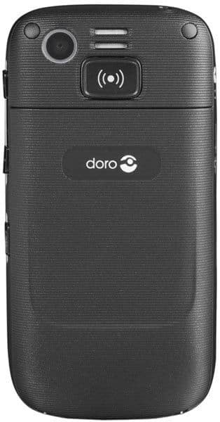 Doro PhoneEasy 715 rear view, black textured phone with camera, speaker, and doro branding visible