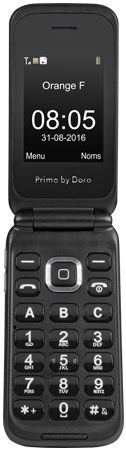 Doro Primo 805 flip phone, open, displaying time 08:05 and date 1-05-2016 on screen, with keypad below