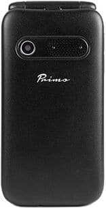 Doro Primo 805 flip phone, closed position, front view showing black exterior with camera lens and Primo branding
