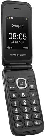 Doro Primo 805 flip phone open, displaying time 08:05 on screen with large physical keypad below