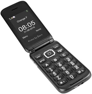 Doro Primo 805 flip phone, open position, showing numeric keypad and display screen with time 08:05