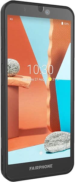 Front view of black Fairphone 3+ showing geometric wallpaper, 10:30 time, Aug 27 date, and status icons on display.
