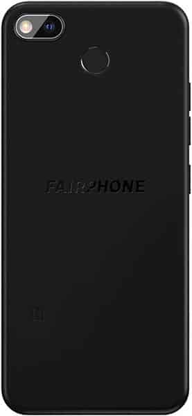 Fairphone 3+ rear view: black finish, top-left camera and flash, center fingerprint sensor, "FAIRPHONE" embossed mid-back.