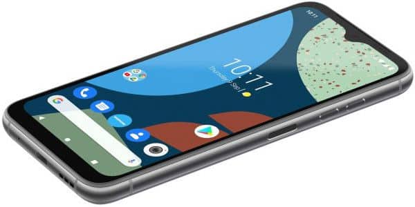 Front view of Fairphone 4 with gray frame, rounded edges, and home screen showing time, date, weather, and app icons.