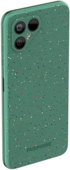 Rear view of green Fairphone 4 with speckled case, showing dual cameras and Fairphone branding at a slight angle.