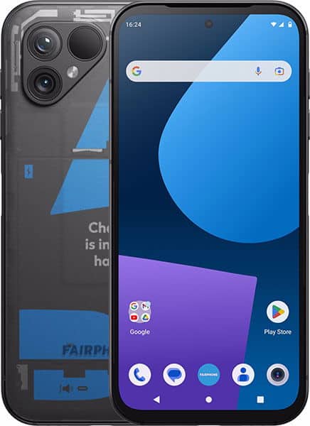 Fairphone 5 front and rear view, showing triple camera setup and home screen with Google search bar and app icons