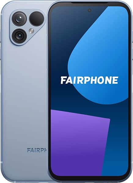 Fairphone 5 front view, light gray body with triple rear camera setup, screen displaying the Fairphone logo