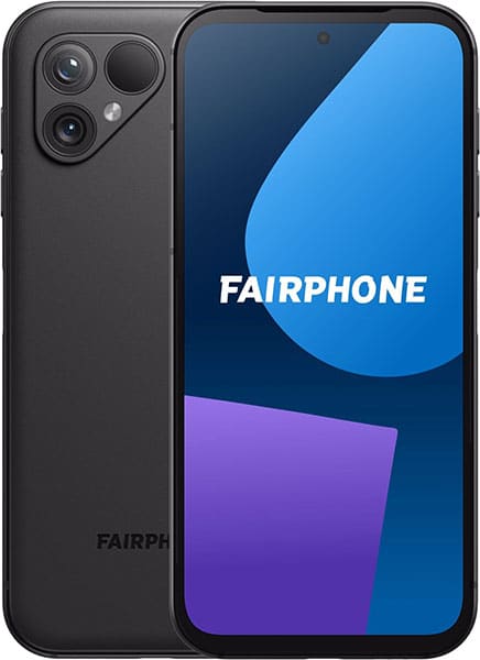 Fairphone 5 front and rear view, black phone with triple camera setup and screen displaying brand logo
