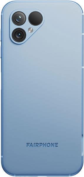 Fairphone 5 rear view, light blue, showing triple camera setup and "FAIRPHONE" text on back