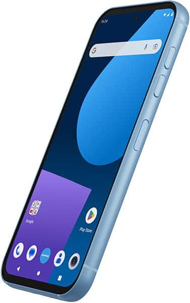 Fairphone 5 front view with light blue case, displaying home screen with blue wallpaper and purple widget area at bottom