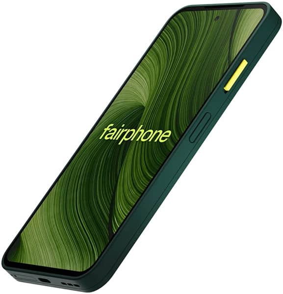 Fairphone 6 smartphone viewed from the front at an angle, with dark green frame, green swirl wallpaper on screen, and yellow accent on side