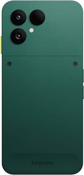 Fairphone 6 rear view, teal green phone with three black camera lenses, yellow power button visible on side