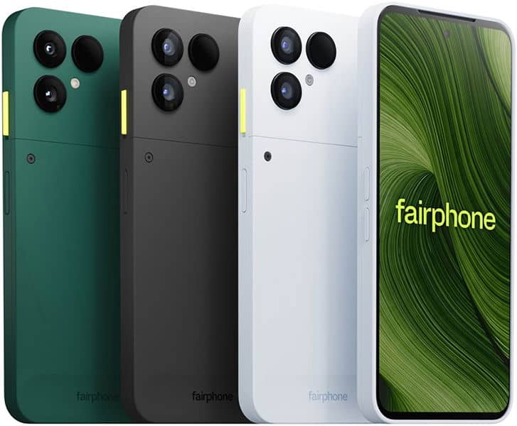 Fairphone 6 rear and front views in green, black, and white color options, showing quad camera setup and display with green leaf wallpaper