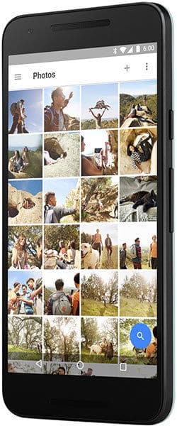 Google Nexus 5X showing front view with Photos app displaying a grid of landscape and portrait images