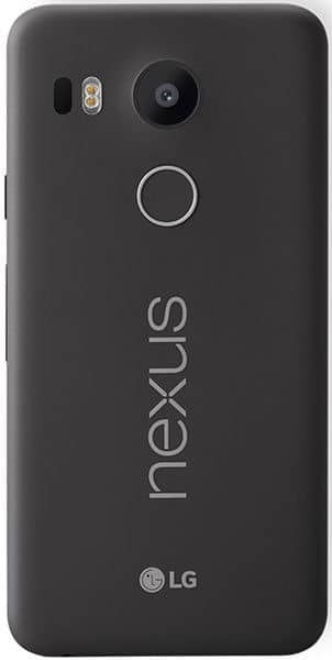 Google Nexus 5X rear view, black phone showing camera, fingerprint sensor, and nexus branding