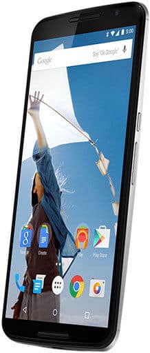 Front view of black Google Nexus 6 showing home screen with app icons and kite wallpaper against a blue sky.