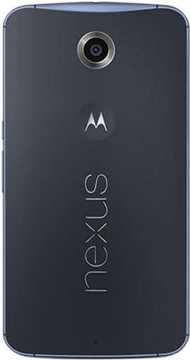 Rear view of black Nexus 6: top camera, Motorola logo centered, "nexus" branding vertical below the logo.