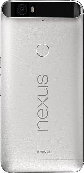 Google Nexus 6P rear view, silver with black camera module and fingerprint sensor, Huawei manufacturer mark visible
