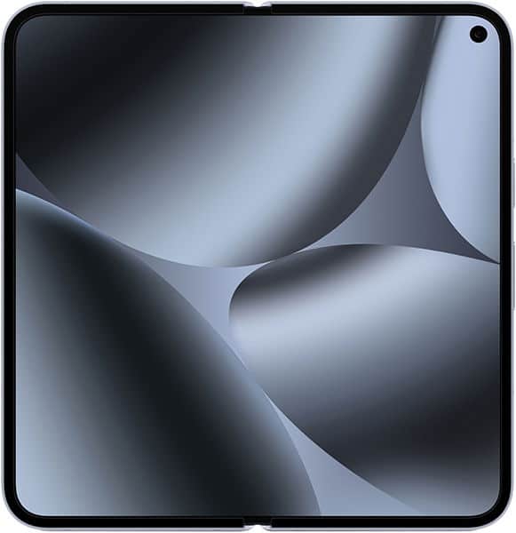 Google Pixel 10 Pro Fold open flat, displaying abstract blue and gray curved surfaces on screen