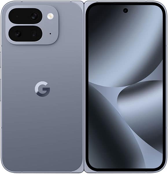 Google Pixel 10 Pro Fold, front and rear view, showing dual camera module on gray back and display screen