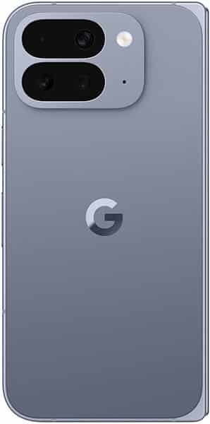 Google Pixel 10 Pro Fold rear view, showing dual camera module and Google logo on blue-gray back