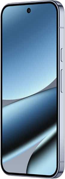 Google Pixel 10 Pro XL front view with blue display showing curved abstract graphics and a small hole-punch camera at top
