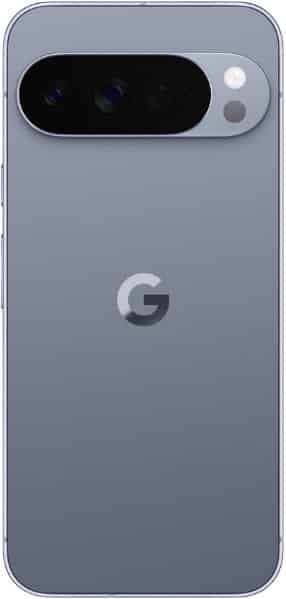 Google Pixel 10 Pro XL rear view, showing gray back panel with Google logo and horizontal camera module with multiple lenses