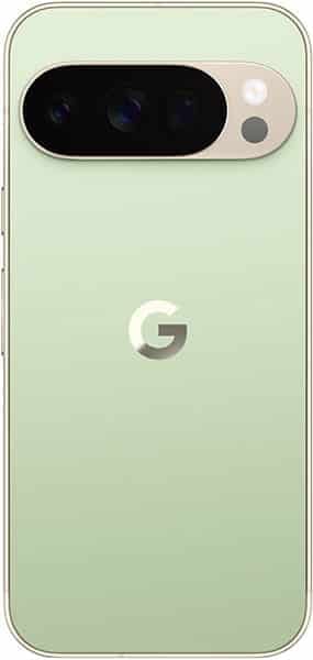 Google Pixel 10 Pro rear view, sage green back with Google G logo and oval camera module with multiple lenses