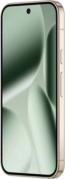Google Pixel 10 Pro front view, cream-colored phone with large display showing abstract green and white wave pattern wallpaper