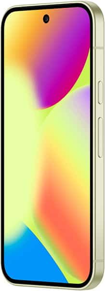 Google Pixel 10 front view with colorful gradient display showing yellow, pink, blue, and orange tones, silver frame, and centered front camera