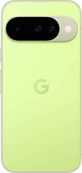 Google Pixel 10 rear view, lime green with triple camera module and white accent ring
