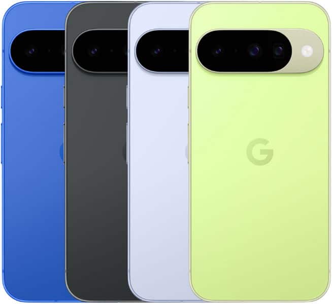 Google Pixel 10 rear view in four color options: blue, charcoal, light blue, and yellow-green, each showing triple camera module