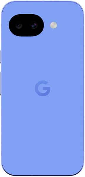 Rear view of blue Google Pixel 10a showing dual-lens camera with flash in top left and central "G" logo below the camera.