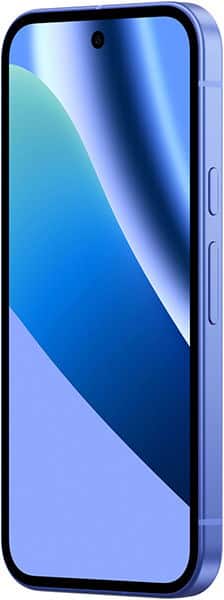 Blue Google Pixel 10a angled side view with metallic frame, large display, top-center front camera cutout, and two side buttons.