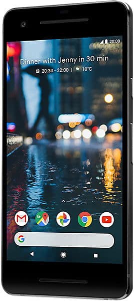 Google Pixel 2 front view displaying home screen with calendar event "Dinner with Jenny in 30 min" and app icons including Gmail, Maps, Photos, Chrome, and YouTube