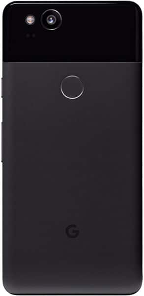 Google Pixel 2 rear view, black, showing dual rear cameras, fingerprint sensor, and Google logo