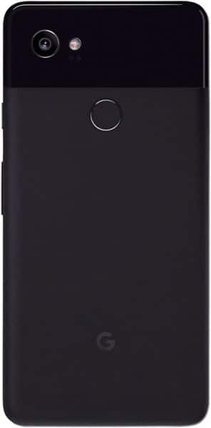 Rear view of black Google Pixel 2 XL showing single camera, flash, fingerprint sensor, "G" logo, glossy top and matte finish.