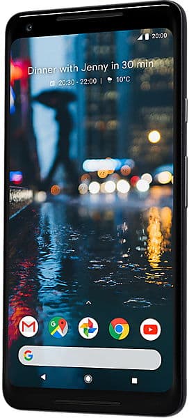 Front view of Google Pixel 2 XL showing home screen, app icons, rainy city wallpaper, and "Dinner with Jenny in 30 min" notification.